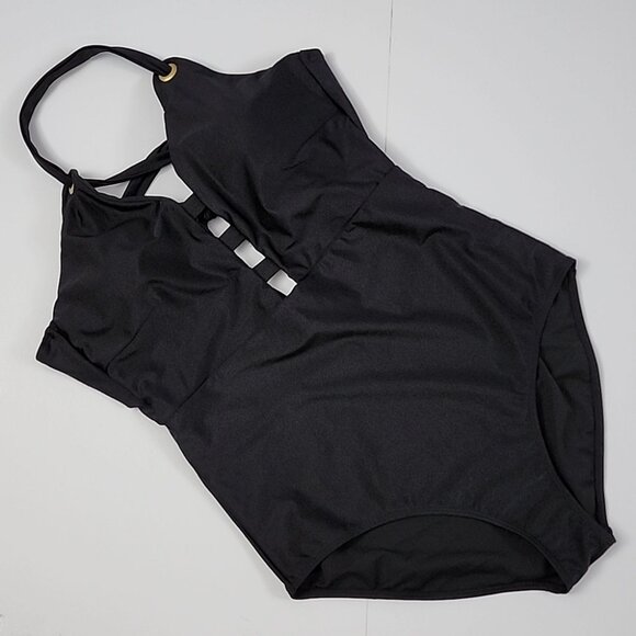 YBL Your Best Look Women's Black One Piece Swimsuit Strappy Halter Size 16 - Picture 3 of 16